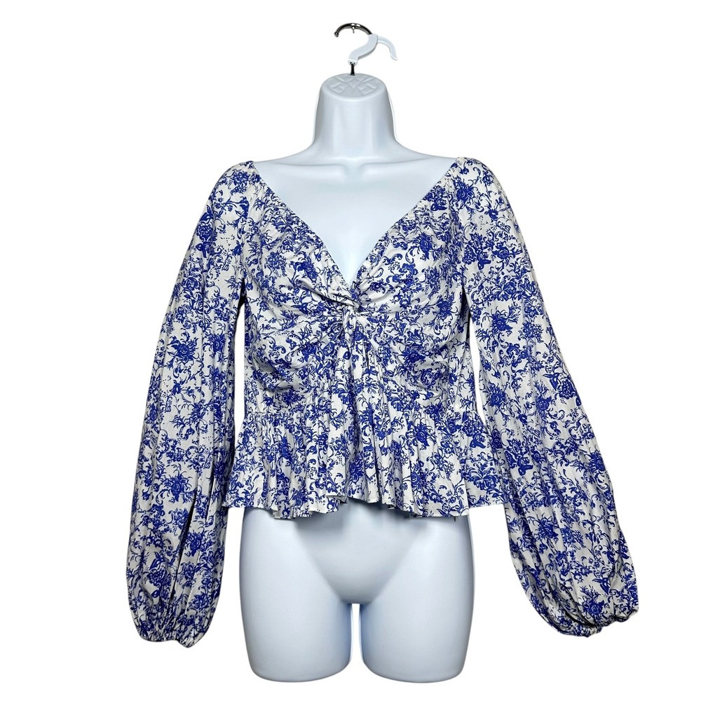 Caroline Constas Onira Crop Top Blue Toile Print Peplum Balloon Sleeve S NWT